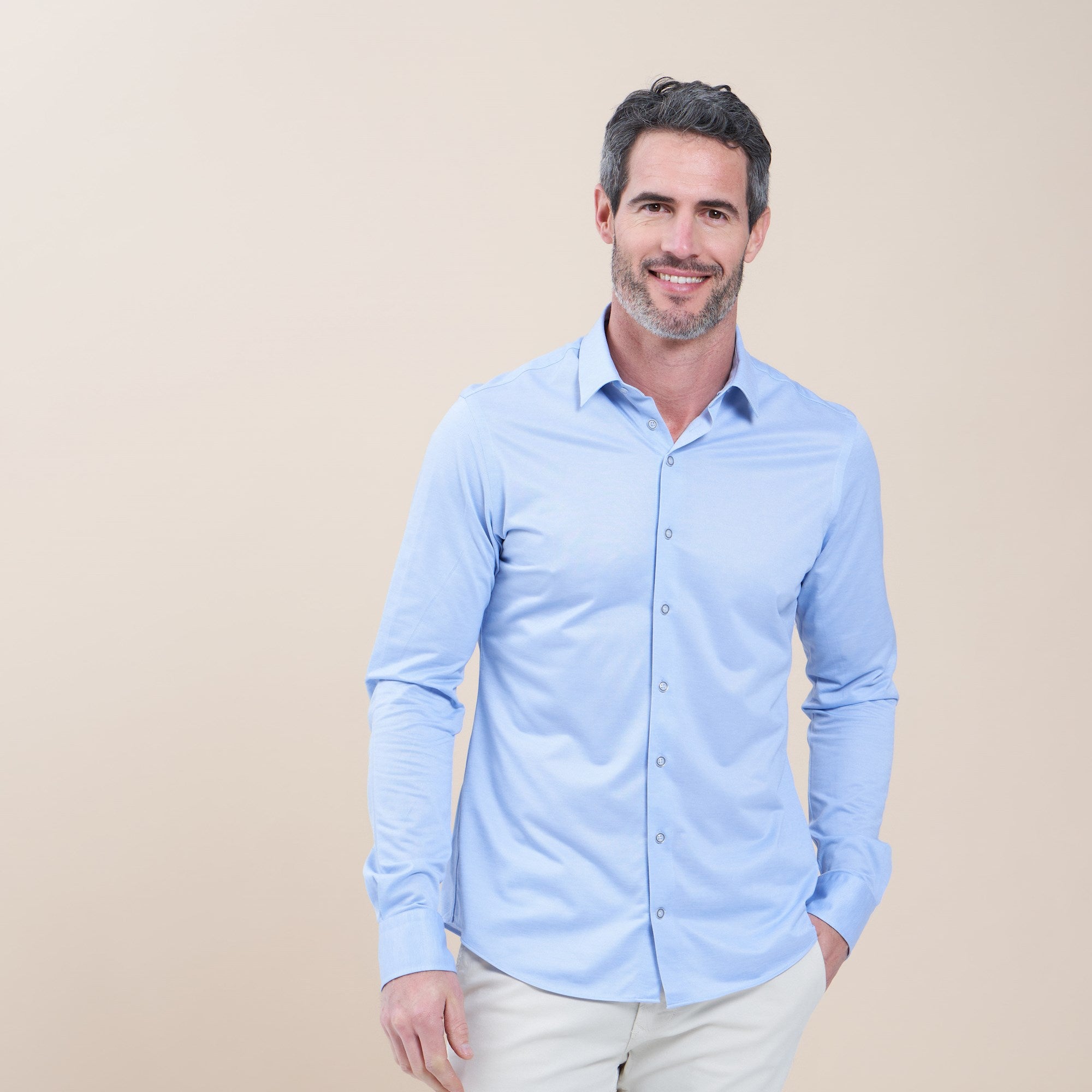Brand Partner,R2 Amsterdam, R2 Amsterdam Light Blue Cotton Poly Knit Long Sleeve Button Up Shirt, Blue, Extra Extra Large-56-TagXXL