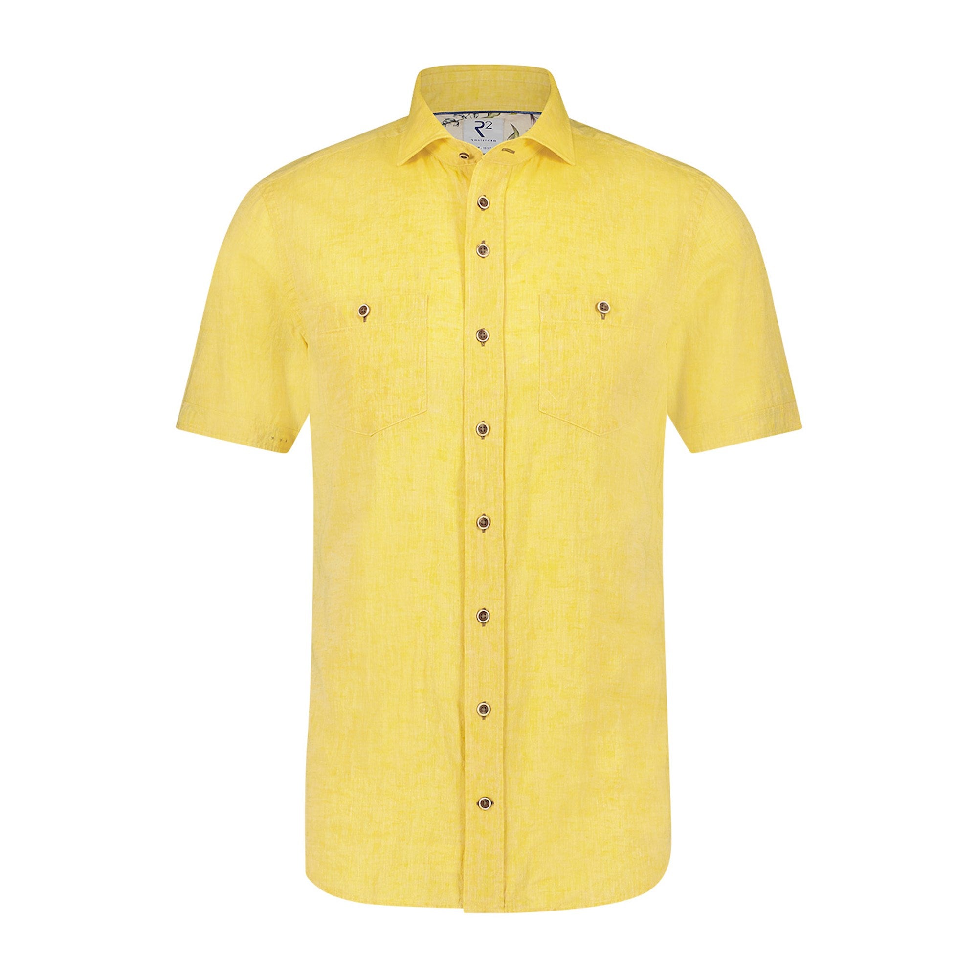 Brand Partner,R2 Amsterdam, R2 Amsterdam Mustard Yellow Linen Blend Short Sleeve Button Up Shirt, Yellow, Small-41-TagS