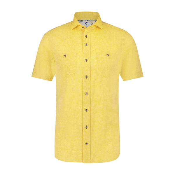 R2 Amsterdam Mustard Yellow Linen Blend Short Sleeve Button Up Shirt