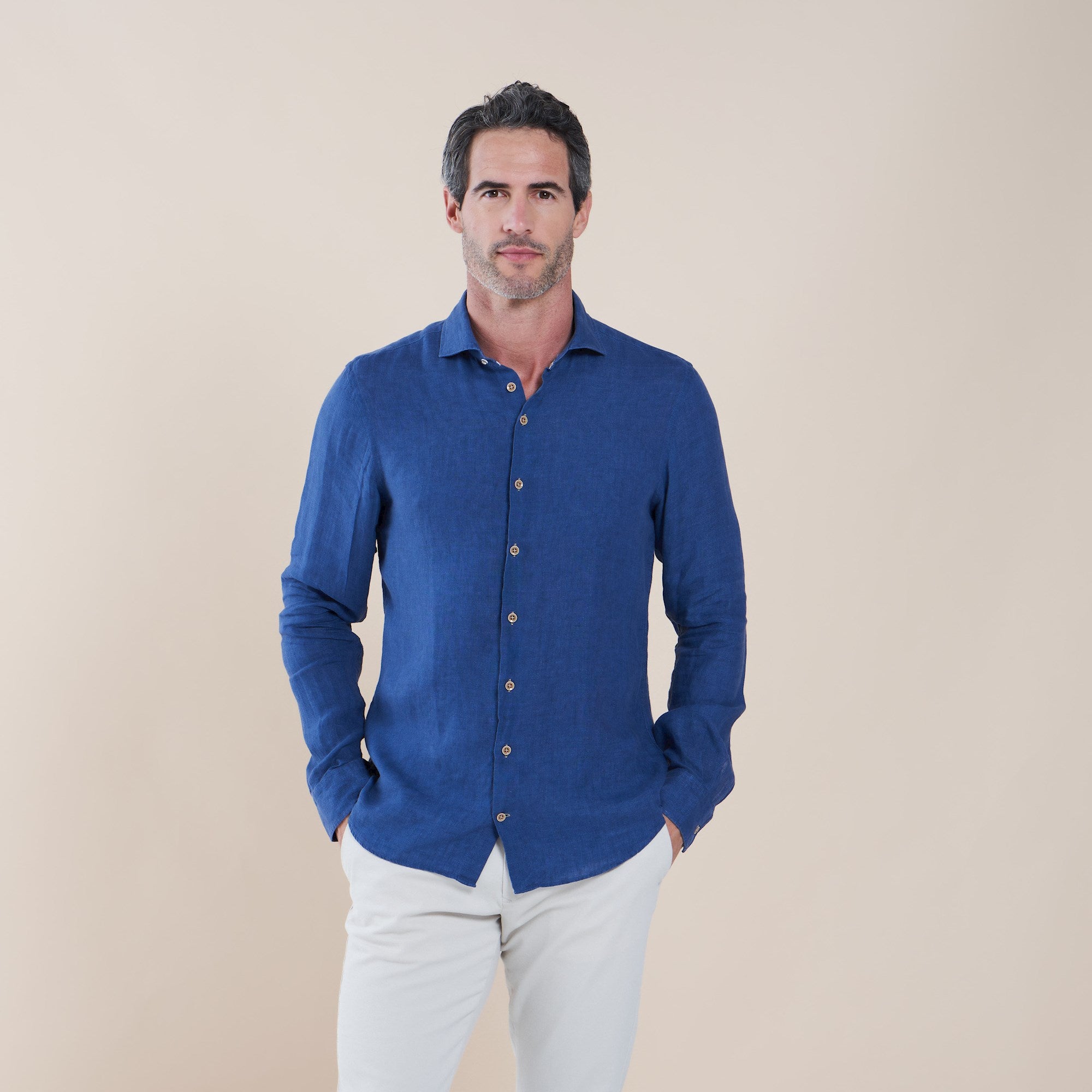 Brand Partner,R2 Amsterdam, R2 Amsterdam Navy Linen Long Sleeve Button Up Shirt, Blue, Extra Extra Large-55-TagXXL
