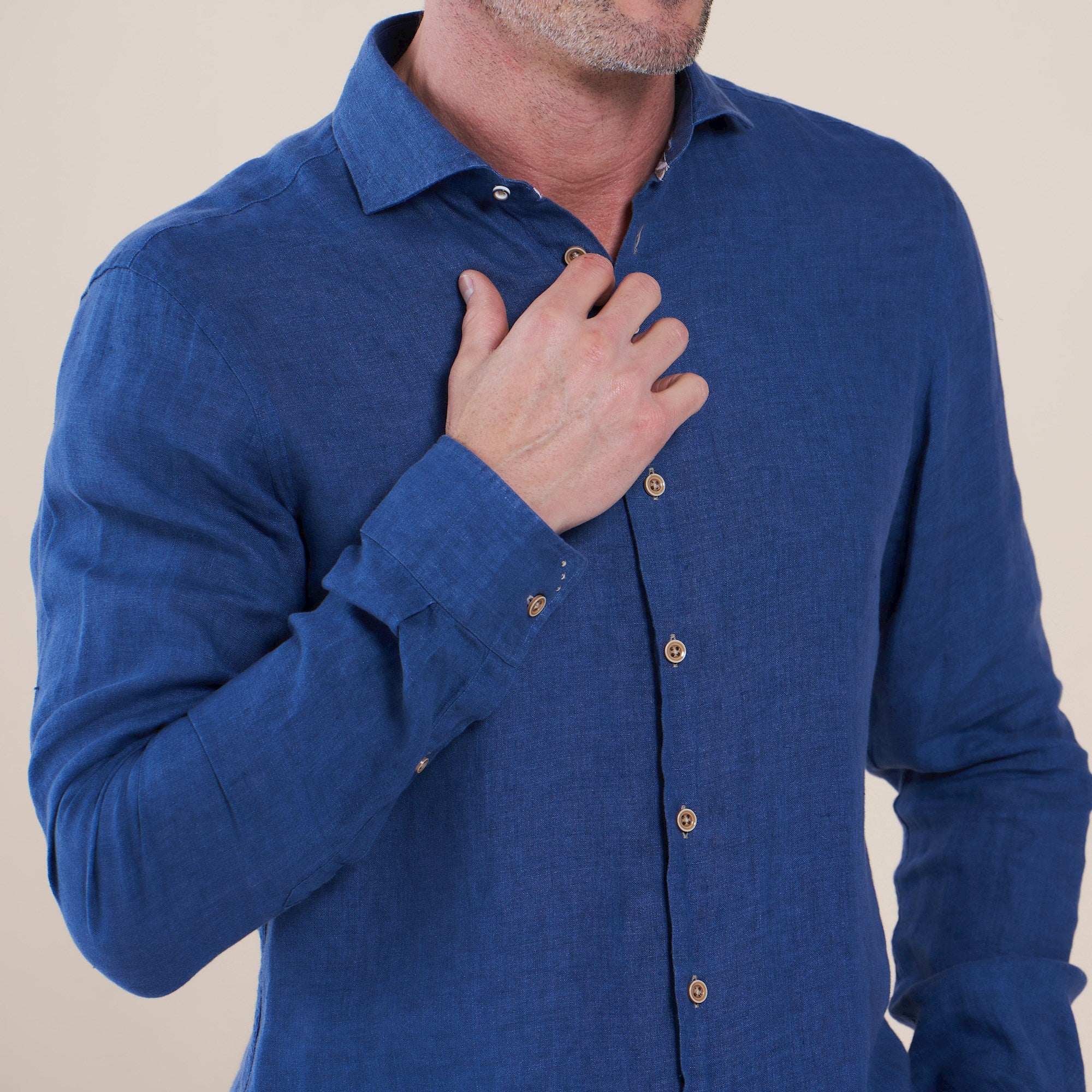 Brand Partner,R2 Amsterdam, R2 Amsterdam Navy Linen Long Sleeve Button Up Shirt, Blue, Extra Extra Large-55-TagXXL