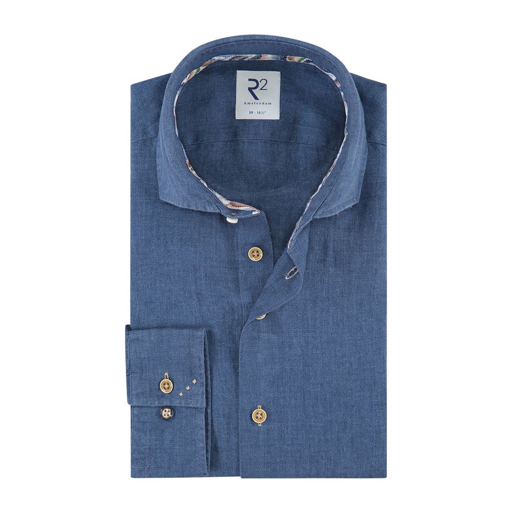 Brand Partner,R2 Amsterdam, R2 Amsterdam Navy Linen Long Sleeve Button Up Shirt, Blue, Extra Extra Large-55-TagXXL