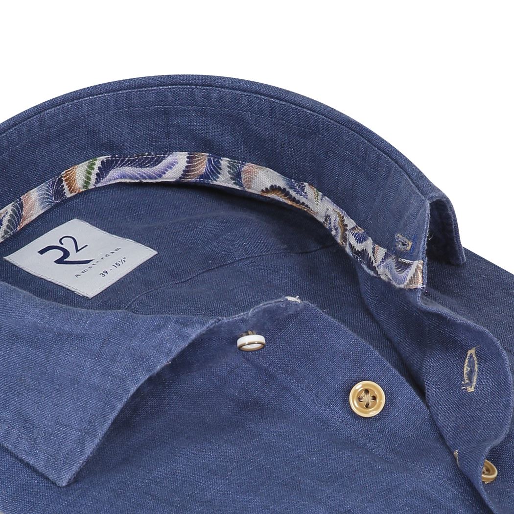 Brand Partner,R2 Amsterdam, R2 Amsterdam Navy Linen Long Sleeve Button Up Shirt, Blue, Extra Extra Large-55-TagXXL