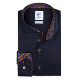 R2 Amsterdam Navy Long Sleeve Button Up Shirt With Dotted Collar And Cuff Detail
