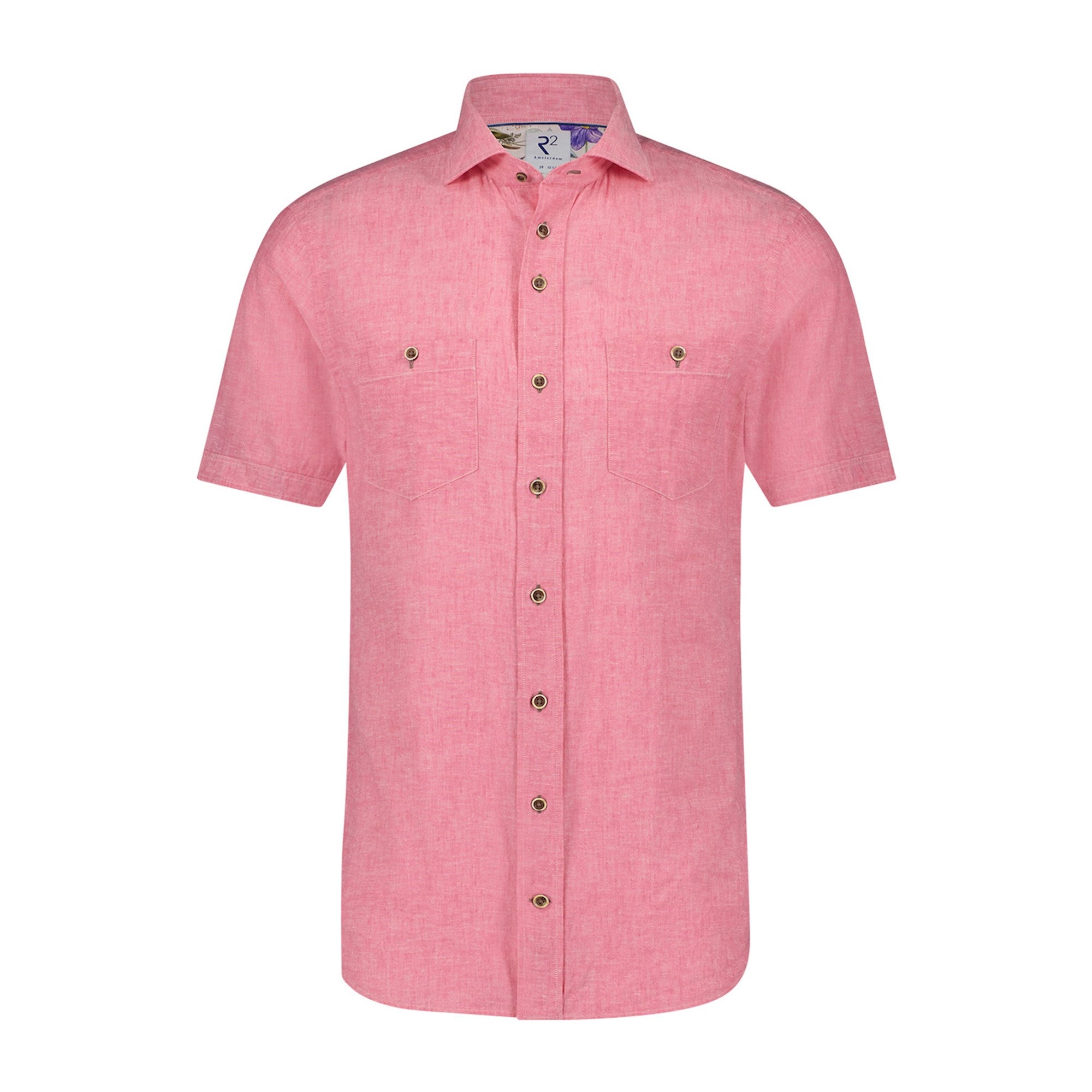 Brand Partner,R2 Amsterdam, R2 Amsterdam Pink Linen Blend Short Sleeve Button Up Shirt, Pink, Small-42-Tag39