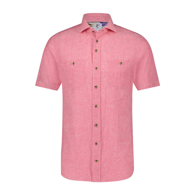 R2 Amsterdam Pink Linen Blend Short Sleeve Button Up Shirt