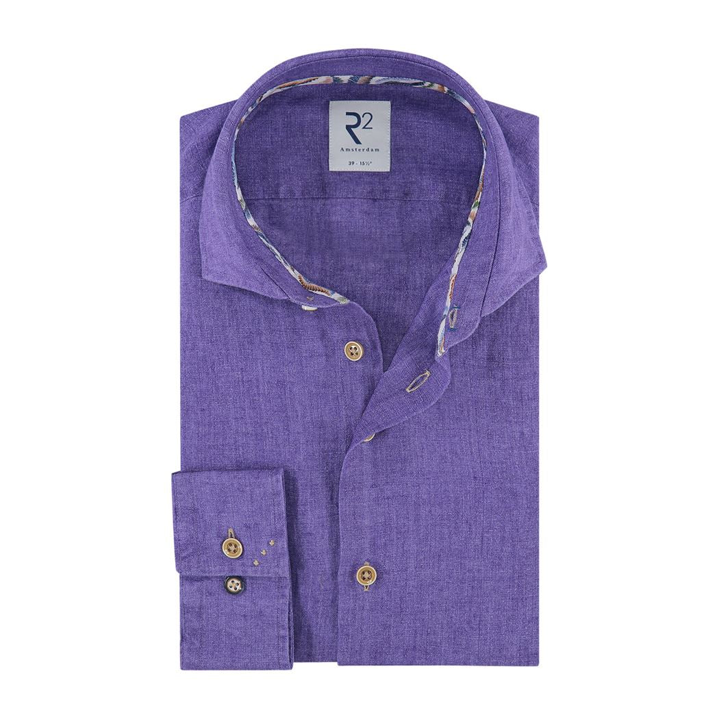 Brand Partner,R2 Amsterdam, R2 Amsterdam Purple Linen Long Sleeve Button Up Shirt, Purple, Small-41-TagS