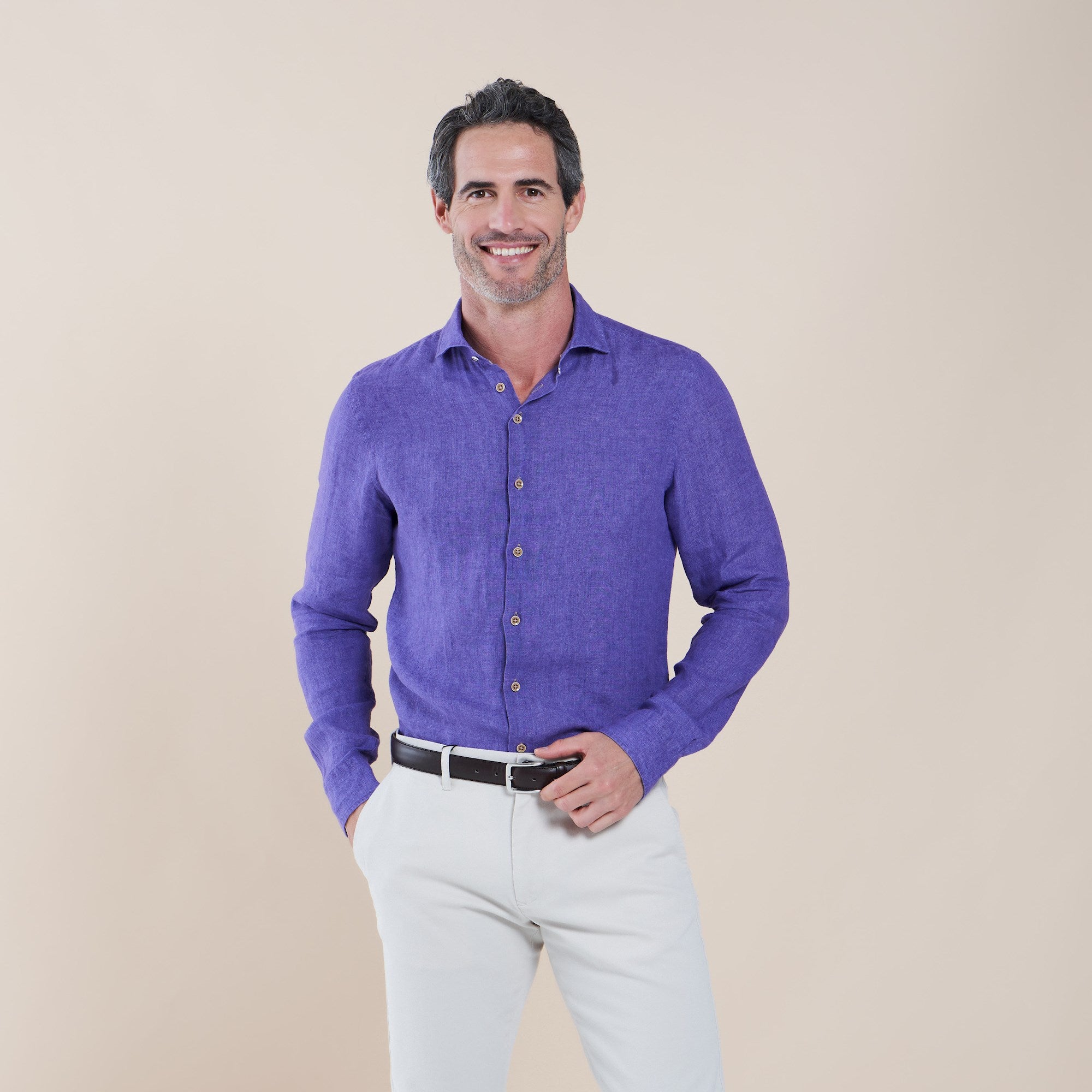 Brand Partner,R2 Amsterdam, R2 Amsterdam Purple Linen Long Sleeve Button Up Shirt, Purple, Medium-44-TagM