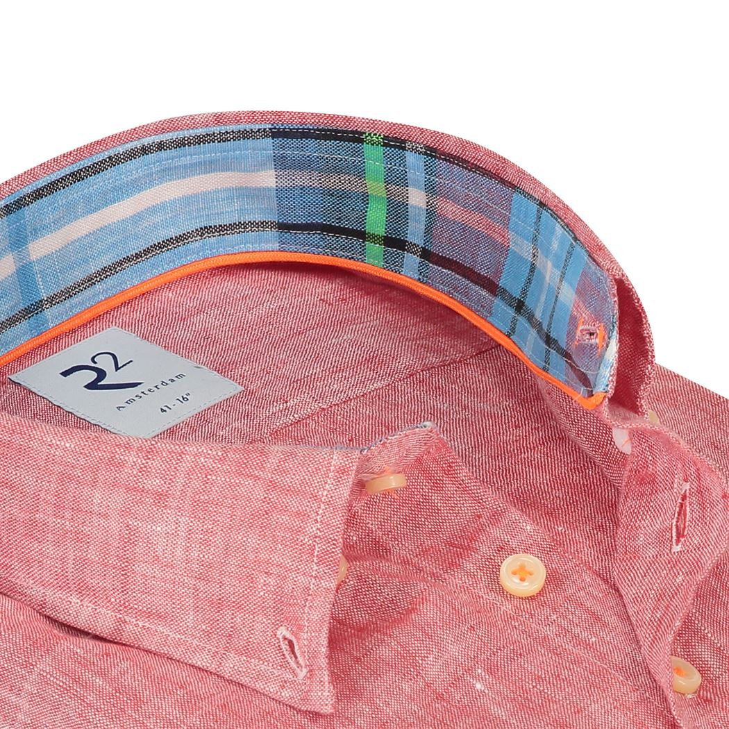 Brand Partner,R2 Amsterdam, R2 Amsterdam Red Linen Long Sleeve Button Up Shirt With Contrast Collar And Cuff Detail, Red, Small-42-Tag38