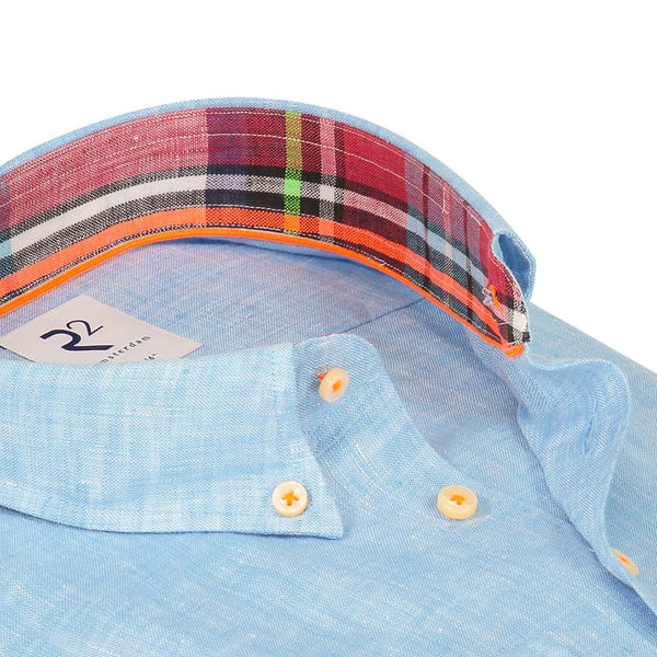 R2 Amsterdam Sky Blue Linen Long Sleeve Button Up Shirt With Contrast Collar And Cuff Detail