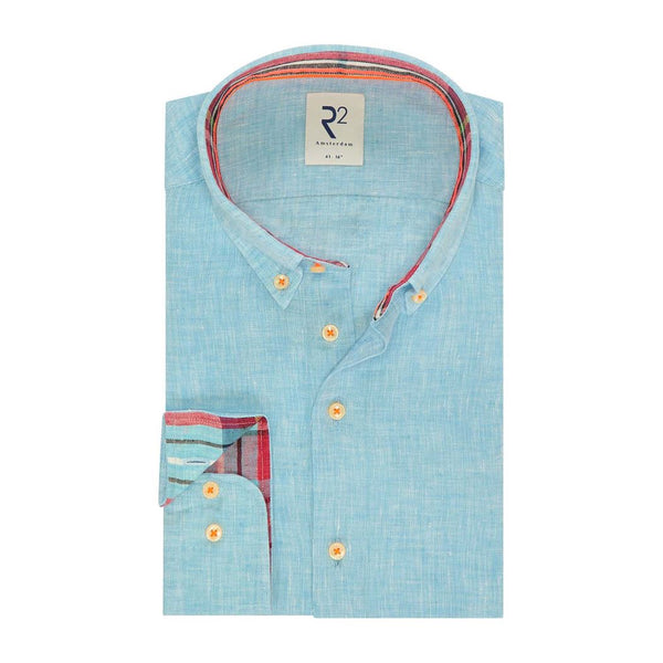 R2 Amsterdam Sky Blue Linen Long Sleeve Button Up Shirt With Contrast Collar And Cuff Detail
