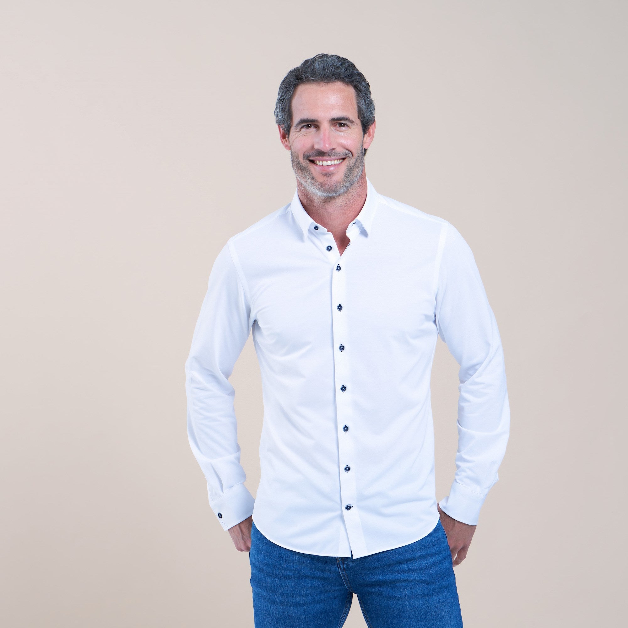 Brand Partner,R2 Amsterdam, R2 Amsterdam White Cotton Poly Knit Long Sleeve Button Up Shirt With Dot Collar & Cuff Detail, White, Extra Large-46-Tag44