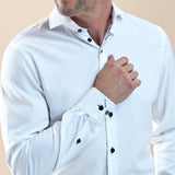 R2 Amsterdam White Long Sleeve Button Up Shirt With Abstract Leaf Print Collar And Cuff Detail