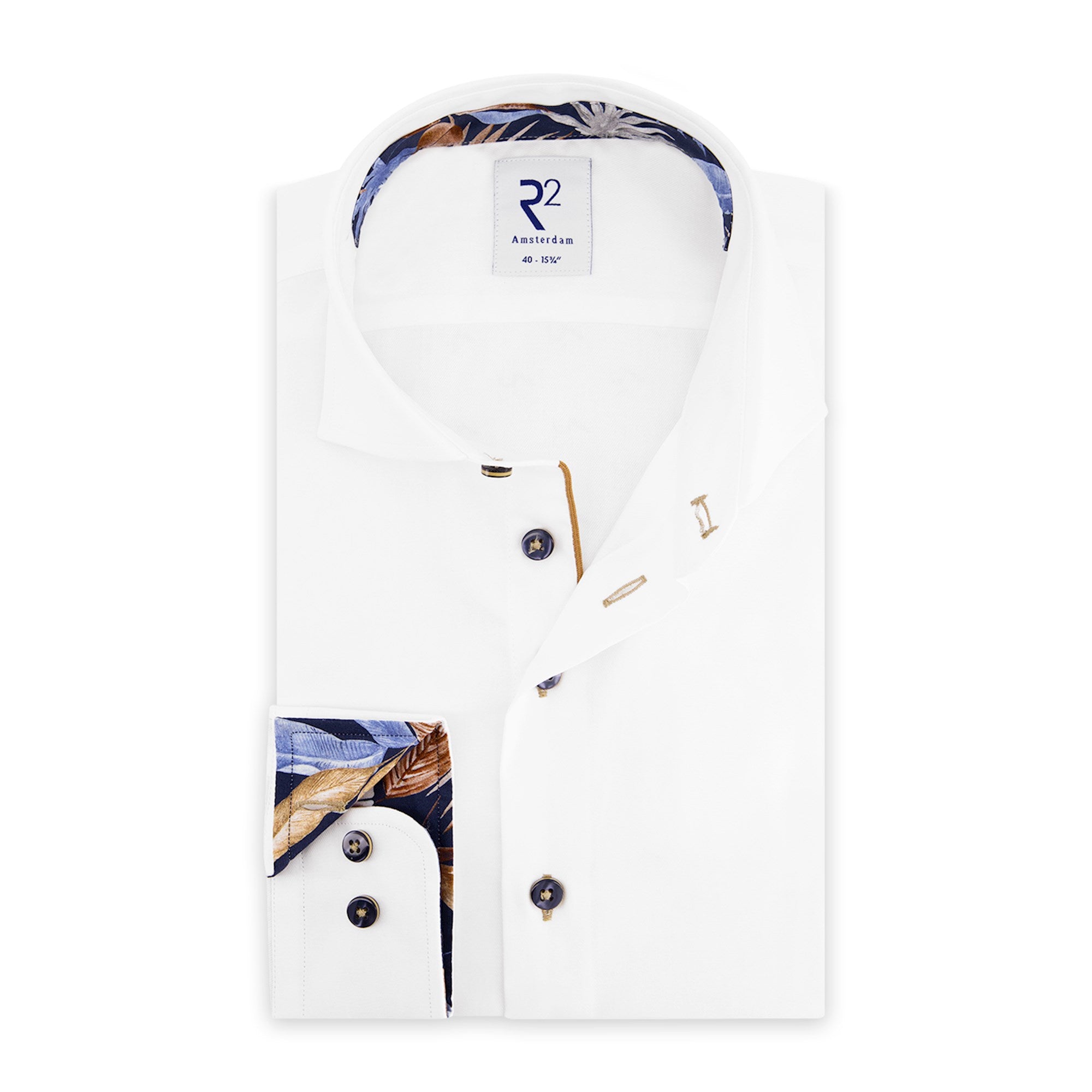Brand Partner,R2 Amsterdam, R2 Amsterdam White Long Sleeve Button Up Shirt With Blue Palm Leaf Print Collar And Cuff Detail, White, Small-42-TagS