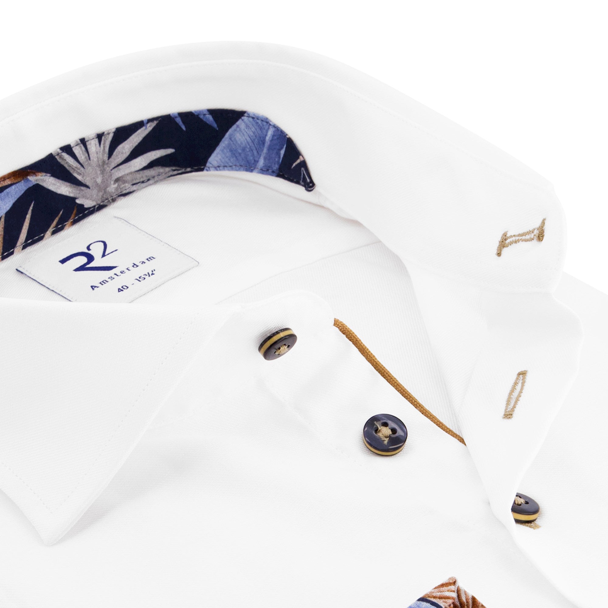 Brand Partner,R2 Amsterdam, R2 Amsterdam White Long Sleeve Button Up Shirt With Blue Palm Leaf Print Collar And Cuff Detail, White, Small-42-TagS