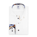 R2 Amsterdam White Long Sleeve Button Up Shirt With Blue Palm Leaf Print Collar And Cuff Detail