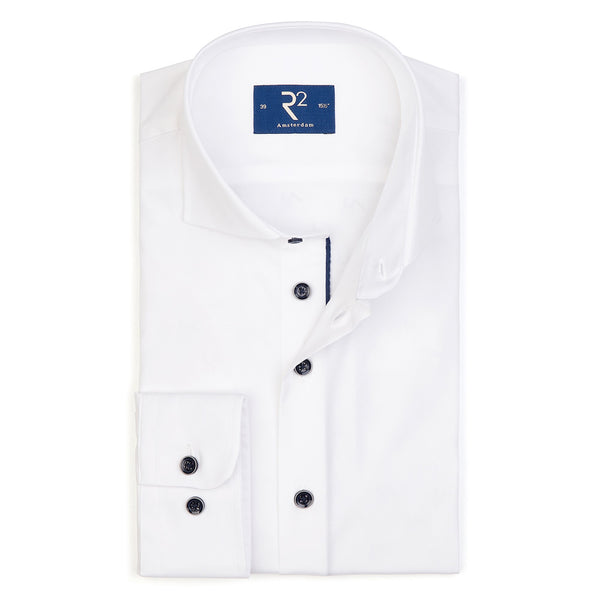 R2 Amsterdam White Long Sleeve Button Up Shirt With Navy Contrast Buttons