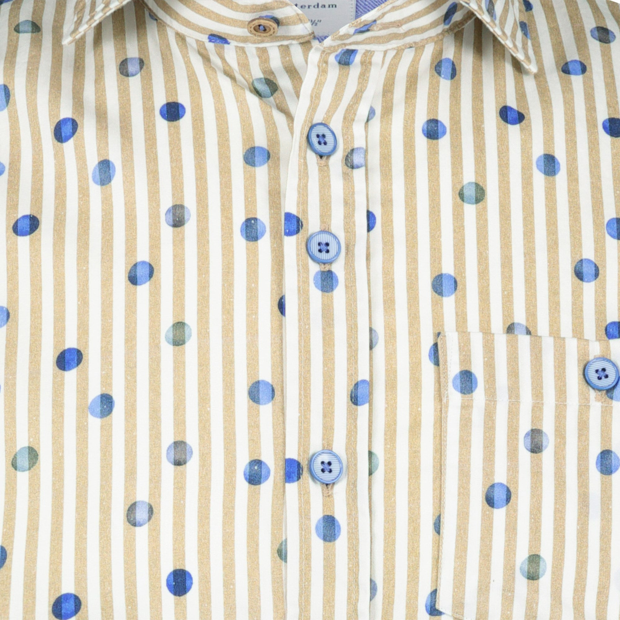 Brand Partner,R2 Amsterdam, R2 Amsterdam White With Beige Vertically Striped Blue Dot Print Short Sleeve Button Up Shirt, White, Medium-41-Tag39