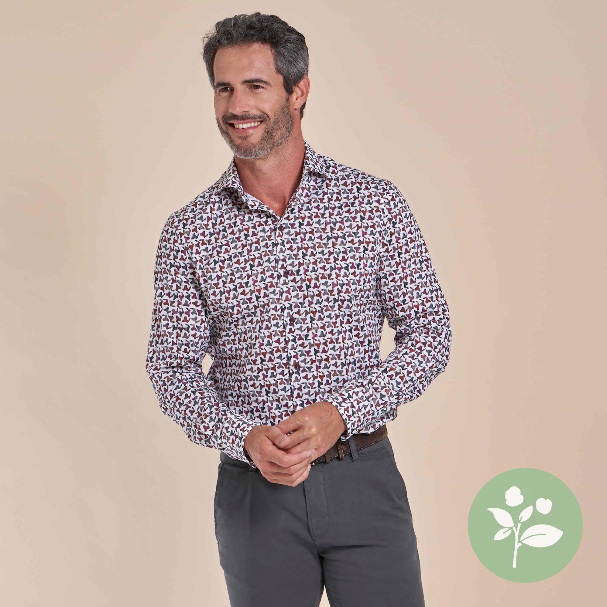 Brand Partner,R2 Amsterdam, R2 Amsterdam White With Burgundy Abstract Camo Print Long Sleeve Button Up Shirt, White, Medium-43-TagM
