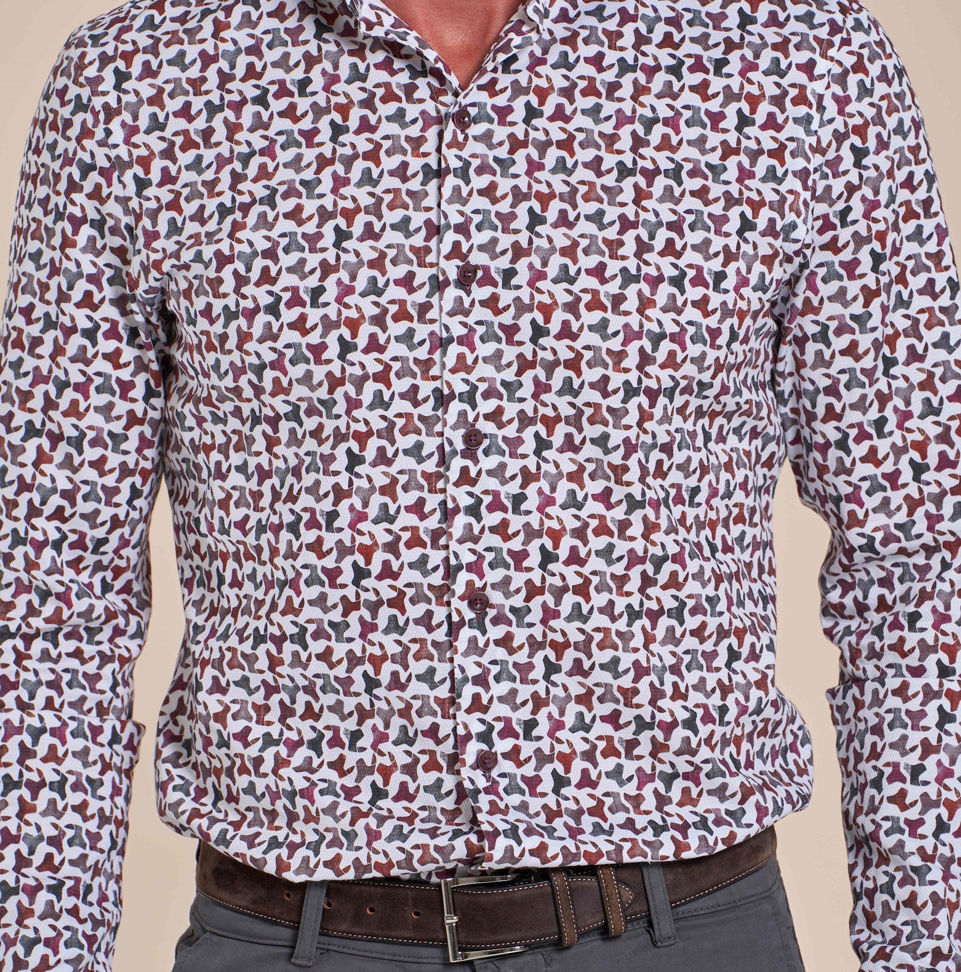 Brand Partner,R2 Amsterdam, R2 Amsterdam White With Burgundy Abstract Camo Print Long Sleeve Button Up Shirt, White, Medium-43-TagM