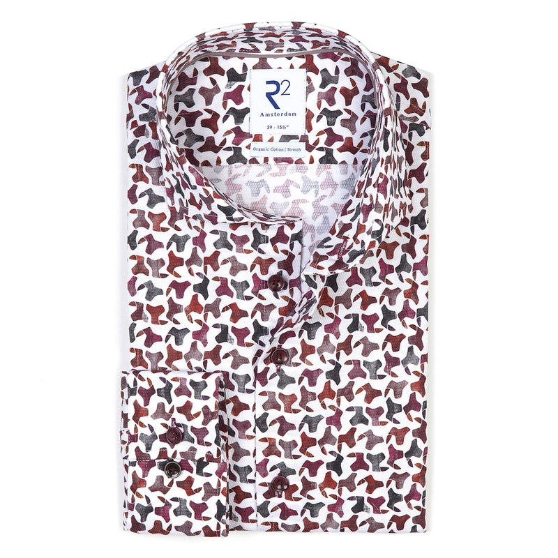 R2 Amsterdam White With Burgundy Abstract Camo Print Long Sleeve Button Up Shirt