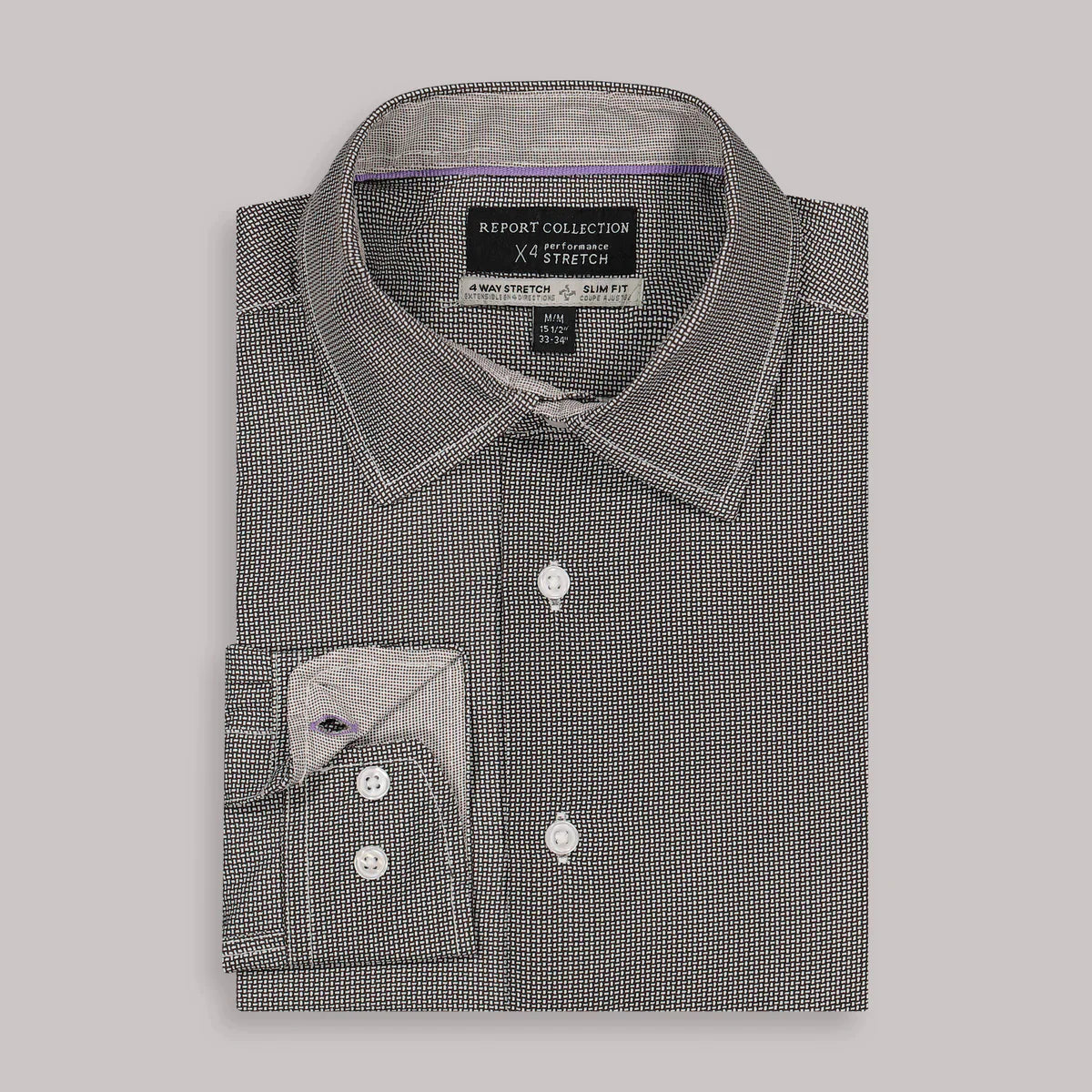 Brand Partner,Report Collection, Report Collection Dark Grey Crosshatch Print Long Sleeve 4-Way Stretch Button Up Shirt, Grey, Large-46-TagLSmall-41-TagSMedium-44-TagM