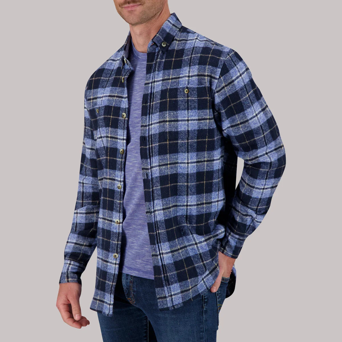 Brand Partner,Report Collection, Report Collection Blue & Navy Plaid Recycled Flannel Overshirt, Blue, Extra Large-52-TagXL