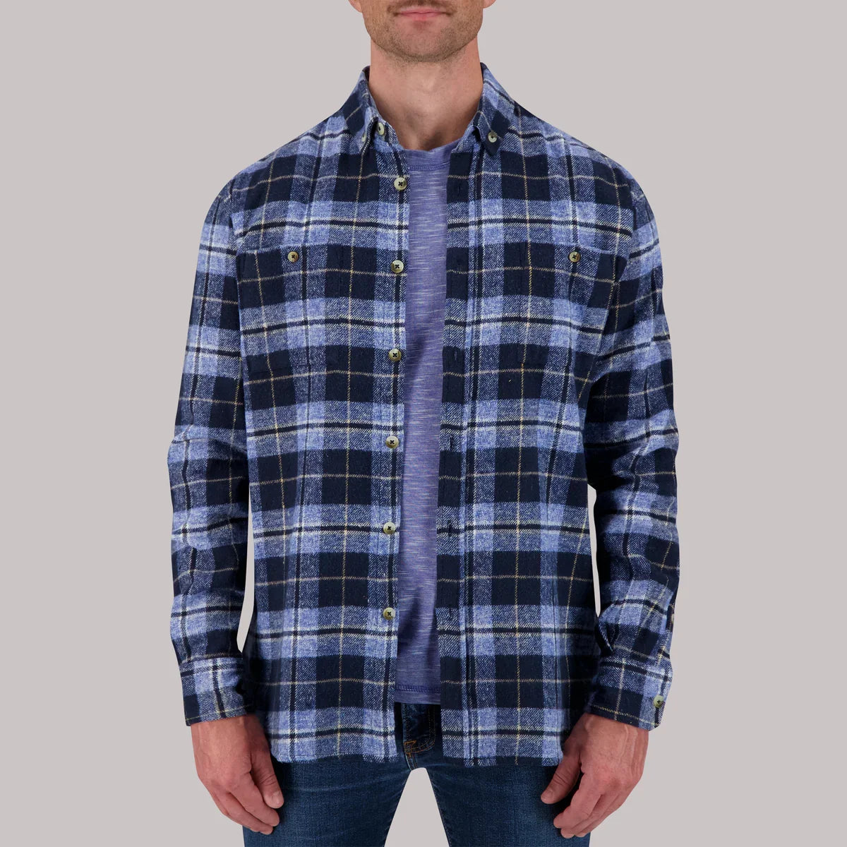 Brand Partner,Report Collection, Report Collection Blue & Navy Plaid Recycled Flannel Overshirt, Blue, Extra Large-52-TagXL