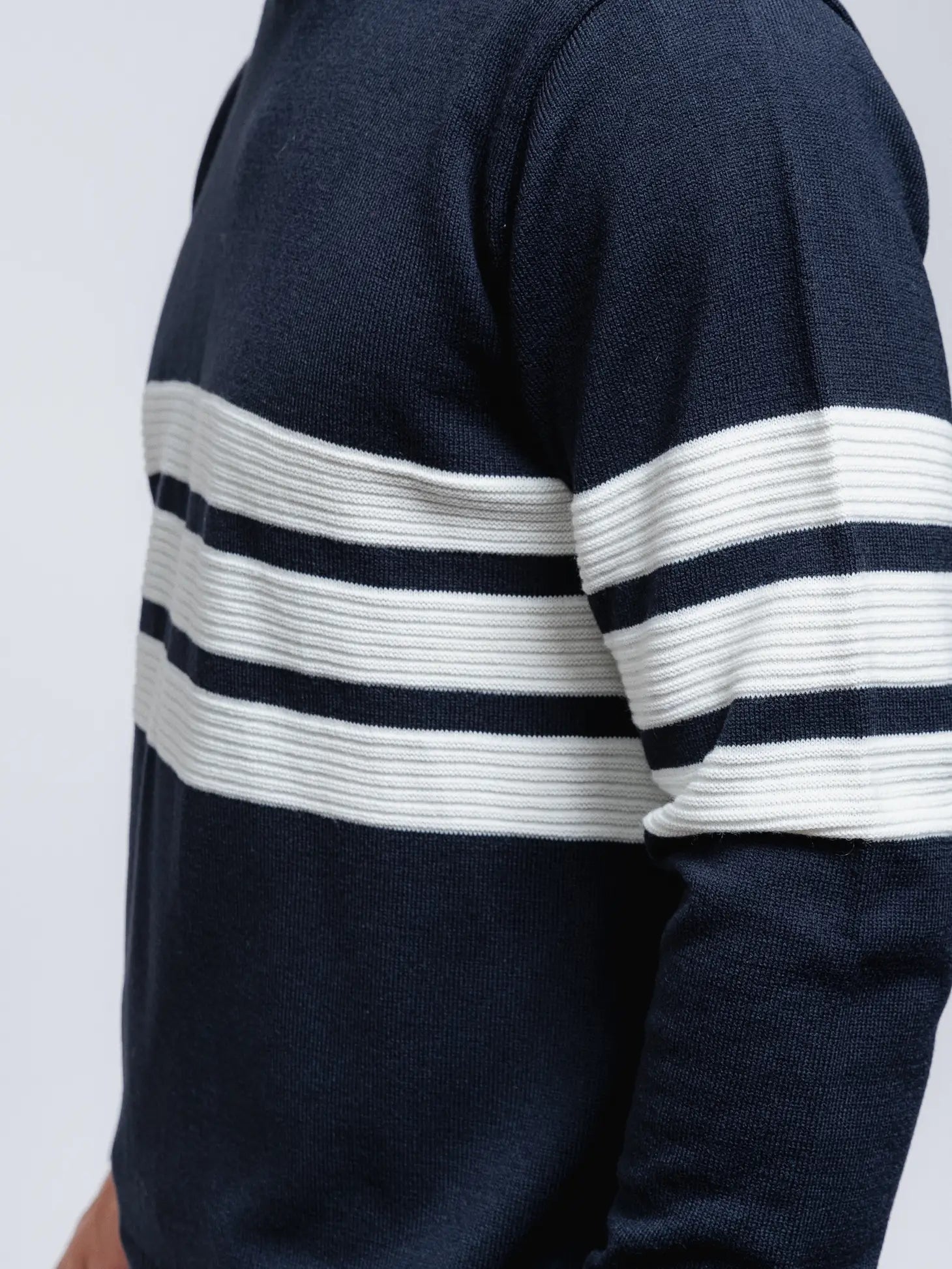 Faire,SMF, SMF Navy Knit Long Sleeve Sweater With Colorblock White Embossed Stripes, Blue, Large-45-TagXXLExtra Large-46-TagXLLarge-45-TagLMedium-42-TagMMedium-40-TagMLarge-42-TagLExtra Large-44-TagXLExtra Extra Large-46-TagXXL