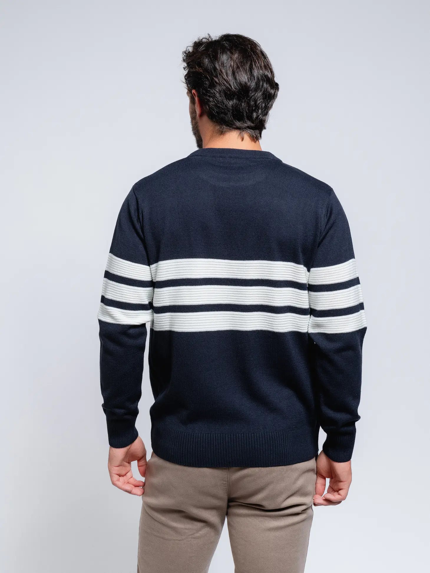 Faire,SMF, SMF Navy Knit Long Sleeve Sweater With Colorblock White Embossed Stripes, Blue, Large-45-TagXXLExtra Large-46-TagXLLarge-45-TagLMedium-42-TagMMedium-40-TagMLarge-42-TagLExtra Large-44-TagXLExtra Extra Large-46-TagXXL