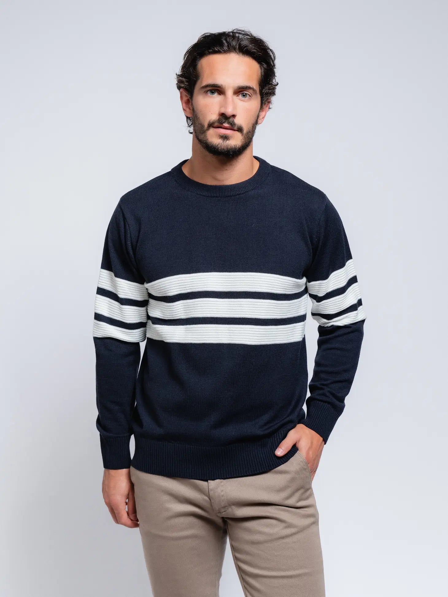 Faire,SMF, SMF Navy Knit Long Sleeve Sweater With Colorblock White Embossed Stripes, Blue, Large-45-TagXXLExtra Large-46-TagXLLarge-45-TagLMedium-42-TagMMedium-40-TagMLarge-42-TagLExtra Large-44-TagXLExtra Extra Large-46-TagXXL