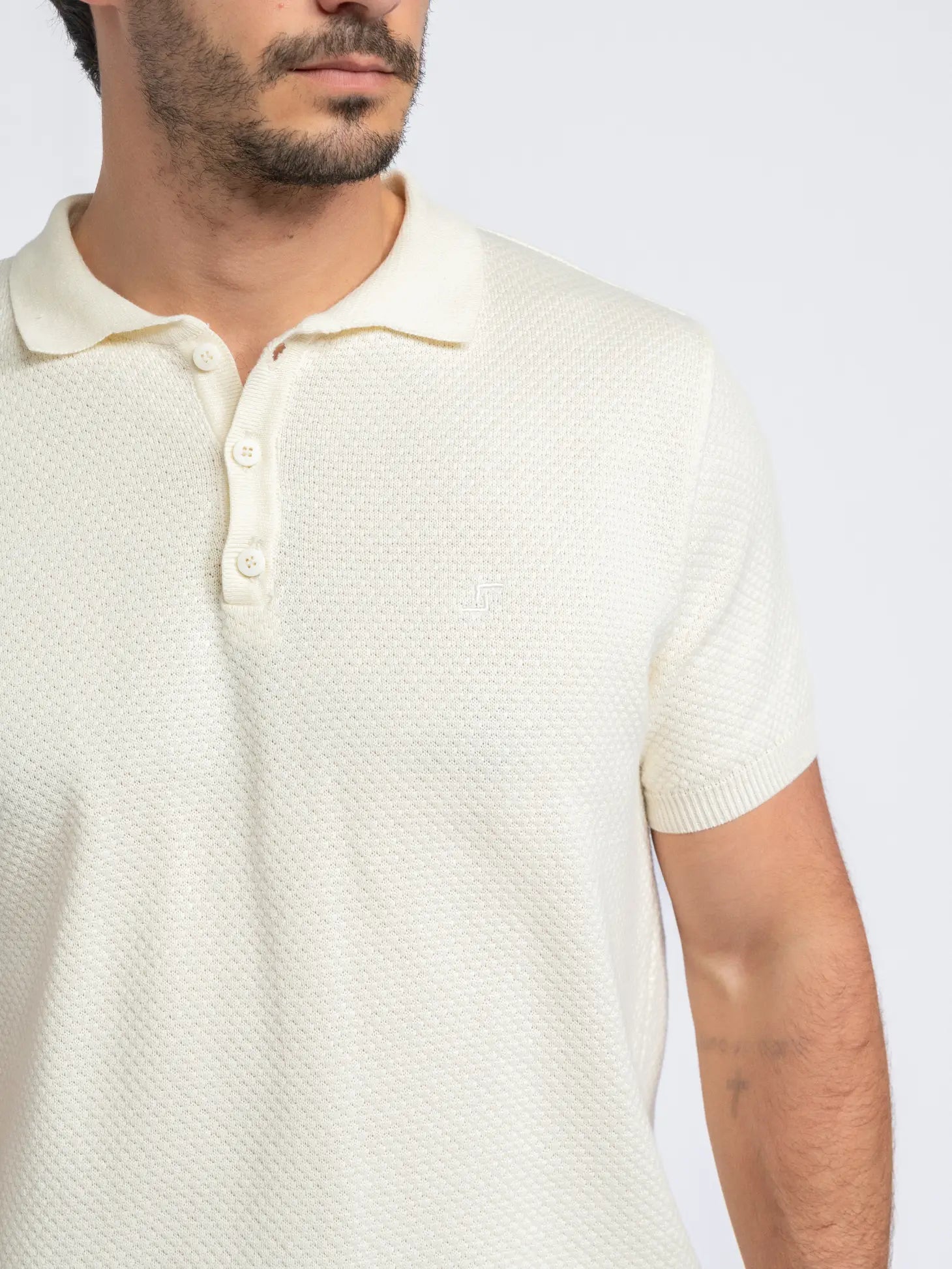 Faire,SMF, SMF Cream Textured Knit Short Sleeve Button Up Polo, Cream, Large-44-TagL