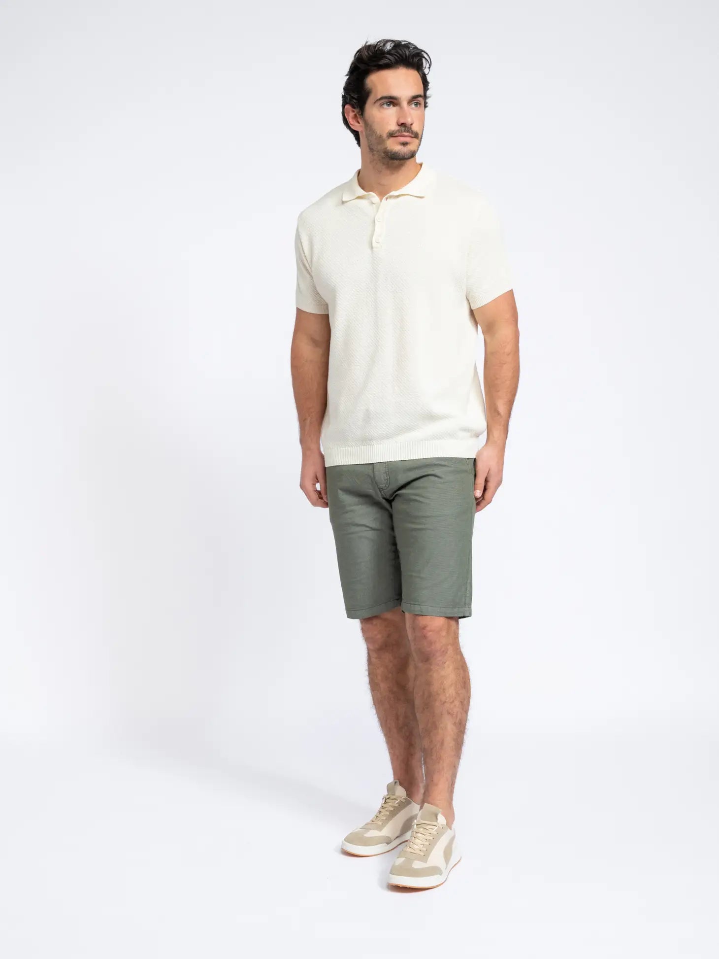 Faire,SMF, SMF Cream Textured Knit Short Sleeve Button Up Polo, Cream, Large-44-TagL