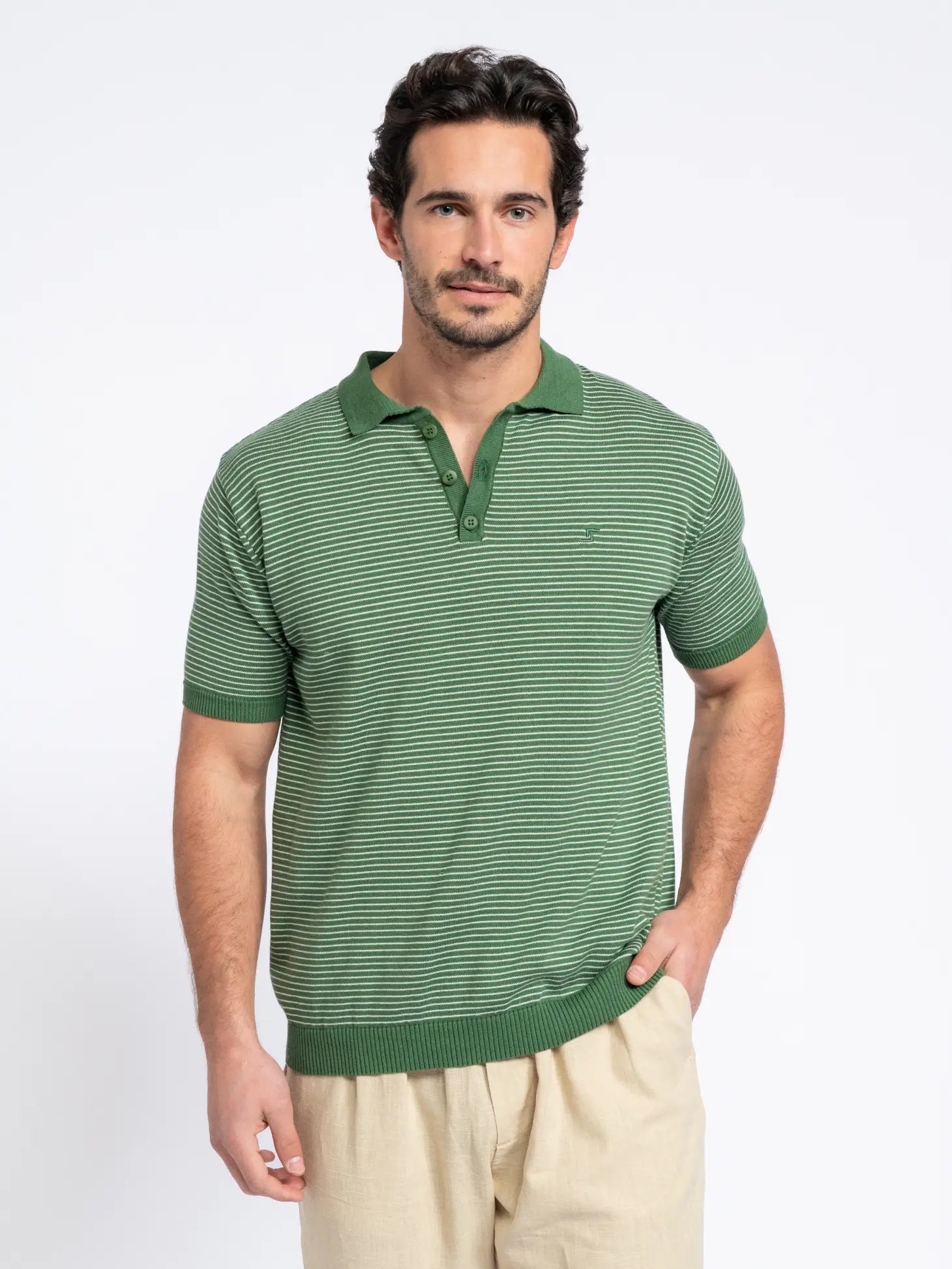 Faire,SMF, SMF Green Stripe Knit Short Sleeve Button Up Polo, Green, Large-45-TagXXLExtra Large-45-TagXLMedium-42-TagMLarge-44-TagL