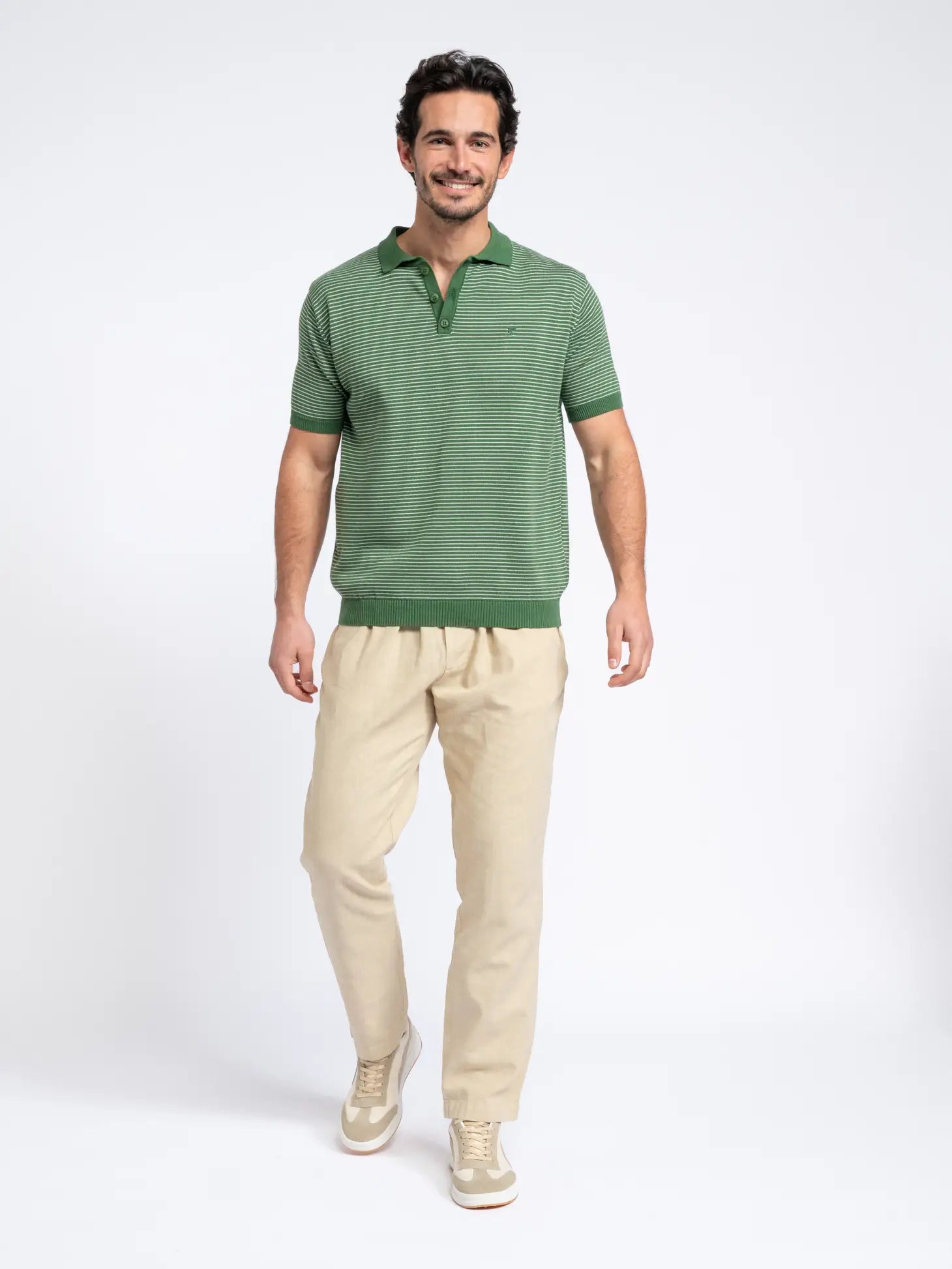 Faire,SMF, SMF Green Stripe Knit Short Sleeve Button Up Polo, Green, Large-45-TagXXLExtra Large-45-TagXLMedium-42-TagMLarge-44-TagL