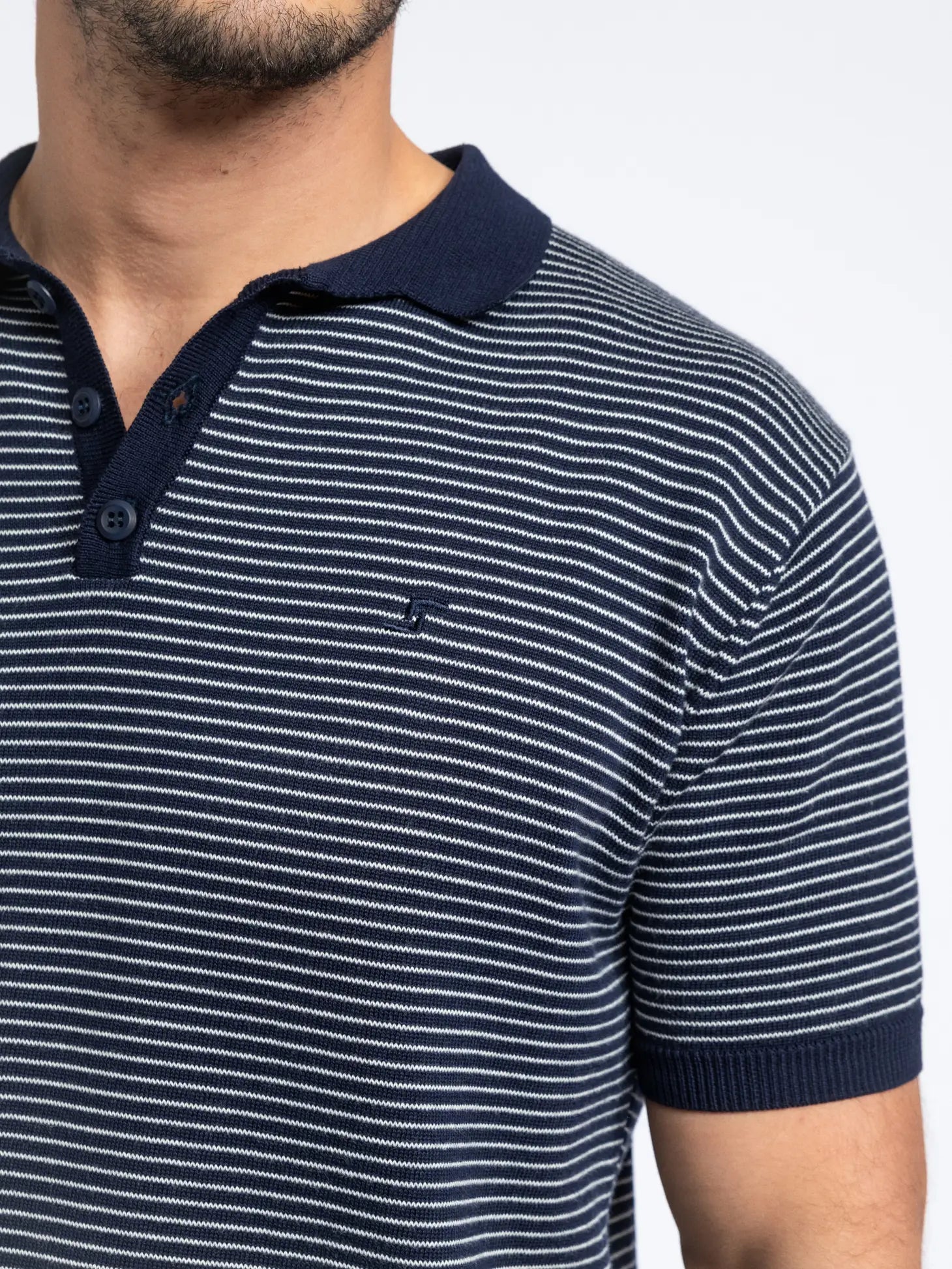 Faire,SMF, SMF Navy Stripe Knit Short Sleeve Button Up Polo, Blue, Medium-42-TagM