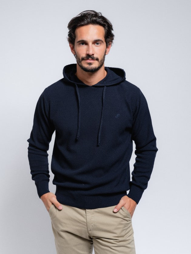 Faire,SMF, SMF Navy Textured Knit Long Sleeve Hoodie, Blue, Extra Large-48-TagXL