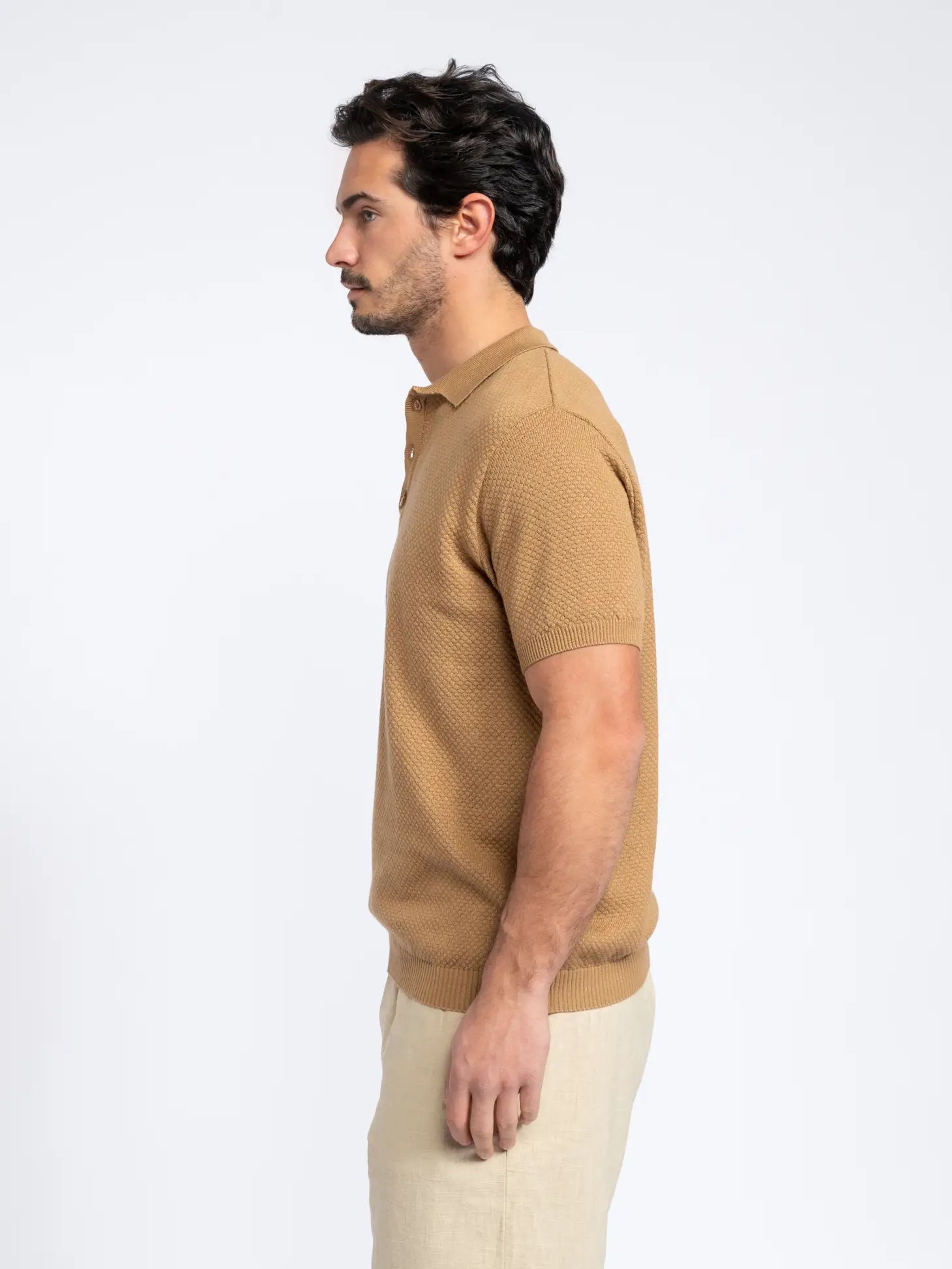 Faire,SMF, SMF Tan Textured Knit Short Sleeve Buttonless Polo, Tan, Large-44-TagL