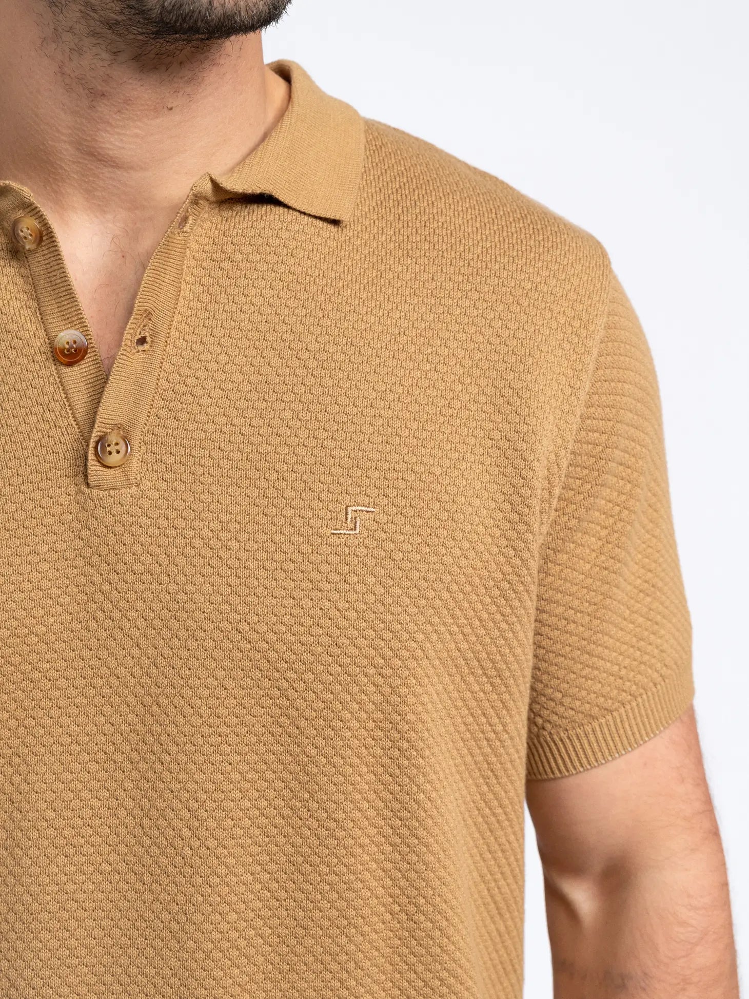 Faire,SMF, SMF Tan Textured Knit Short Sleeve Buttonless Polo, Tan, Large-44-TagL