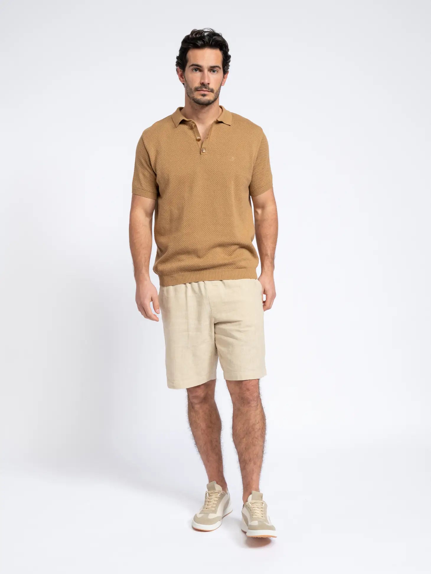 Faire,SMF, SMF Tan Textured Knit Short Sleeve Buttonless Polo, Tan, Large-44-TagL