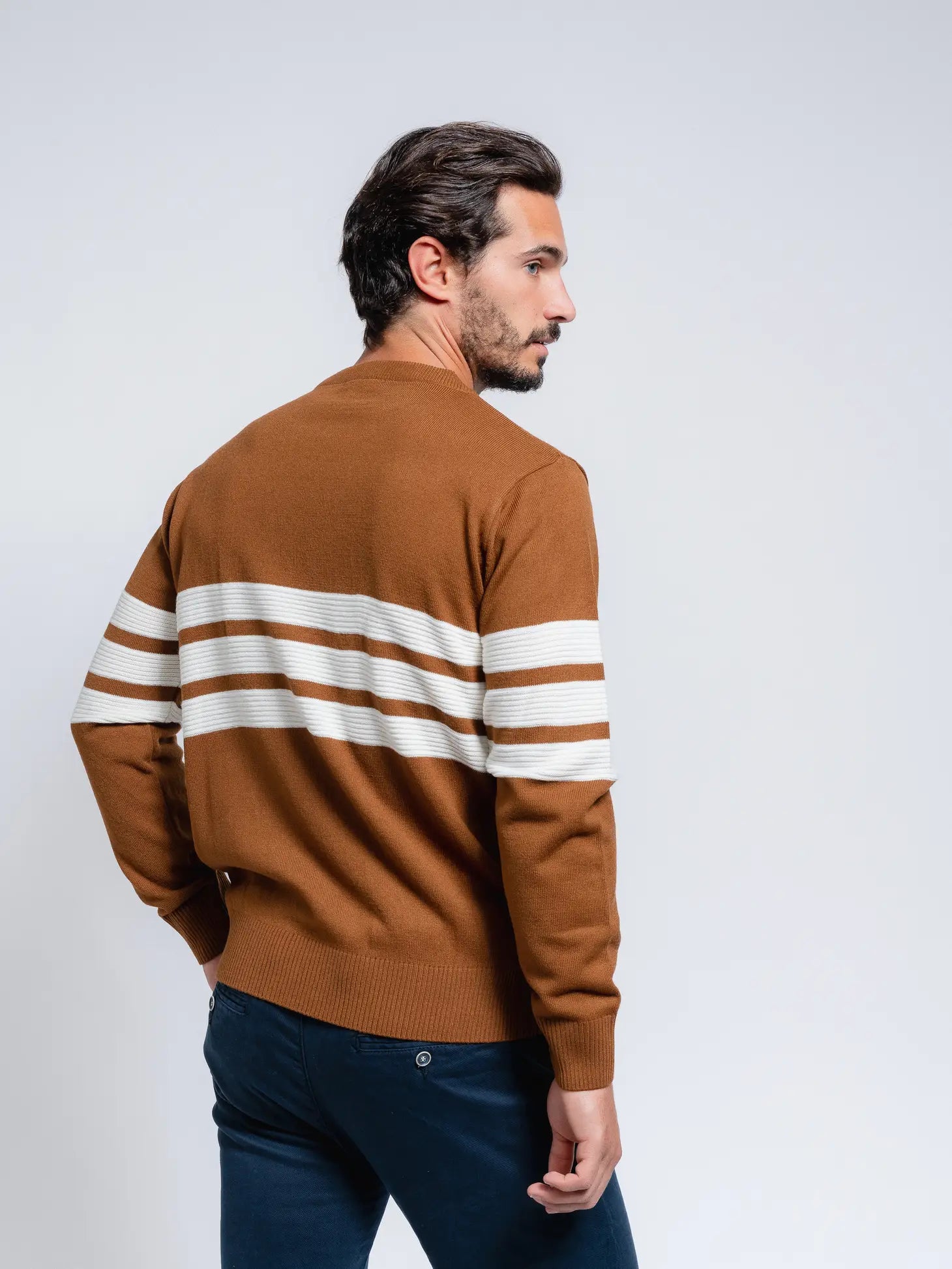 Faire,SMF, SMF Orange Brown Knit Long Sleeve Sweater With Colorblock White Embossed Stripes, Orange, Large-45-TagXXLExtra Large-46-TagXLLarge-45-TagLMedium-42-TagMMedium-40-TagMLarge-42-TagLExtra Extra Large-46-TagXXLExtra Large-44-TagXL