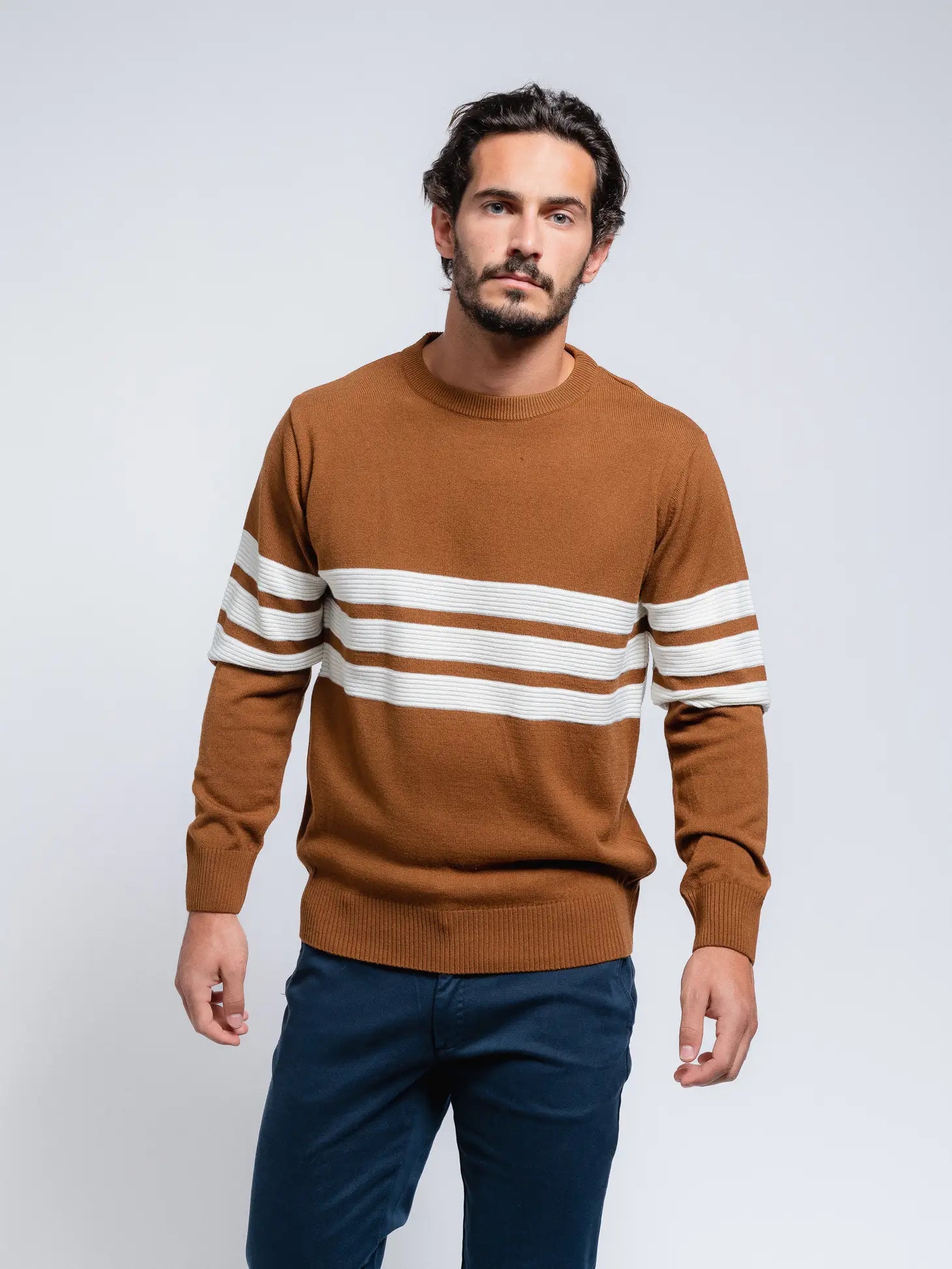 Faire,SMF, SMF Orange Brown Knit Long Sleeve Sweater With Colorblock White Embossed Stripes, Orange, Large-45-TagXXLExtra Large-46-TagXLLarge-45-TagLMedium-42-TagMMedium-40-TagMLarge-42-TagLExtra Extra Large-46-TagXXLExtra Large-44-TagXL