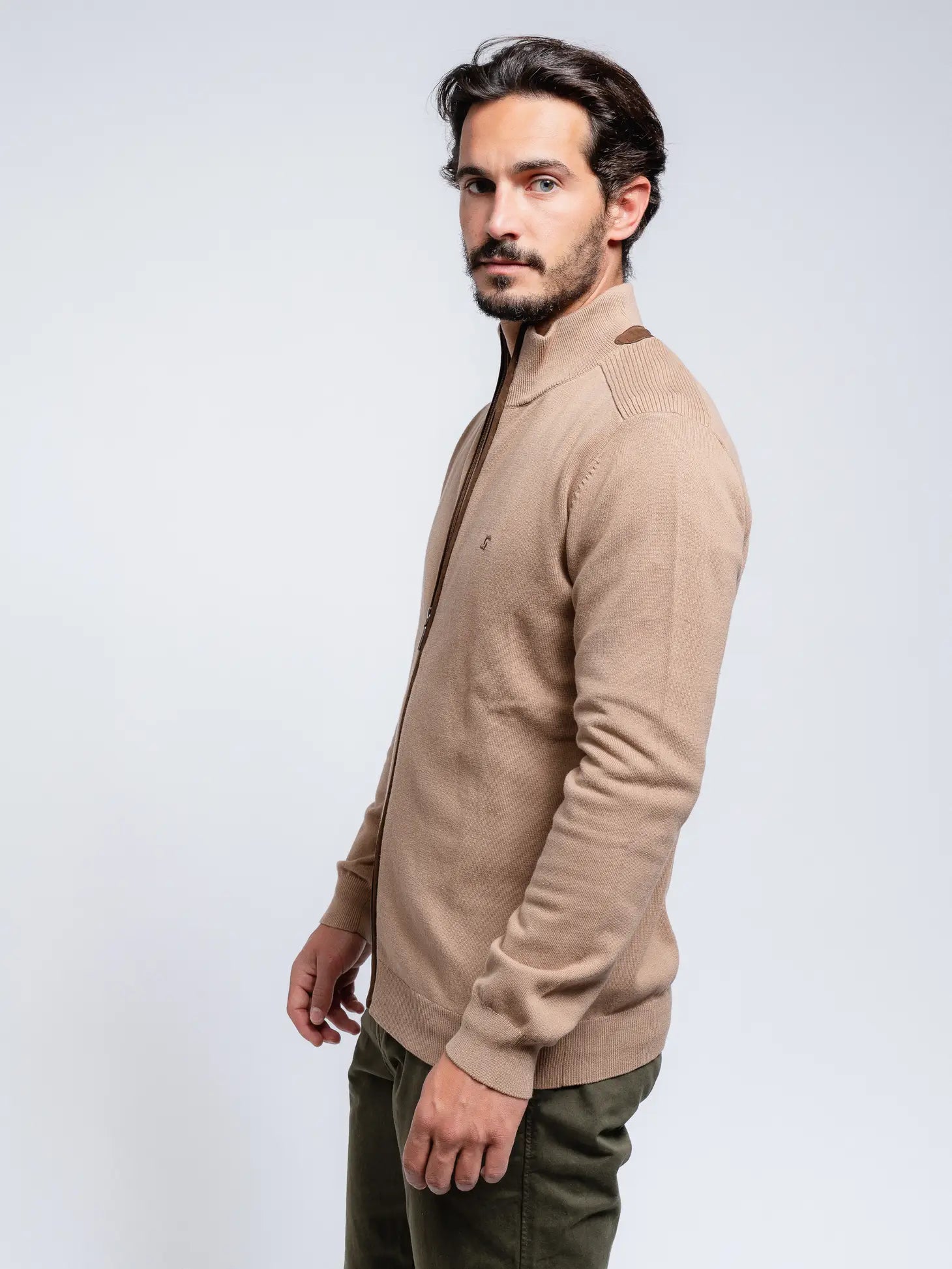 Faire,SMF, SMF Tan with Brown Contrast Knit Mockneck Full Zip Cardigan, Tan, Large-42-TagL