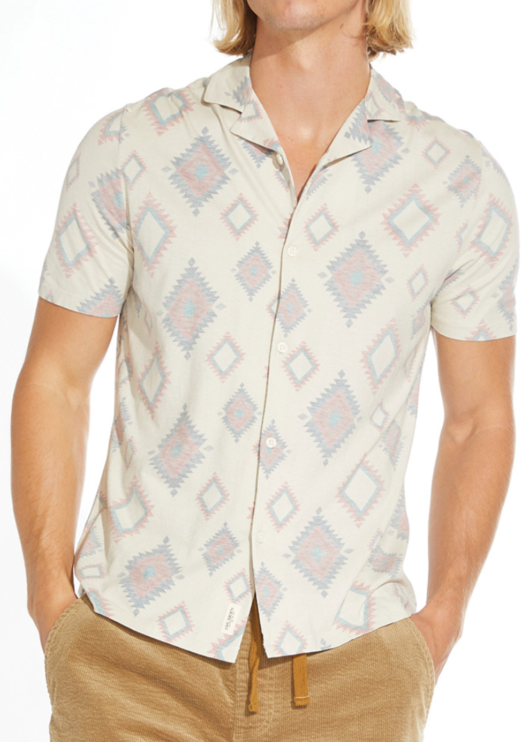 Wholesale,Civil Society, Civil Society Oatmeal Knit Tribal Print Short Sleeve Shirt, Tan, Large-46-TagL