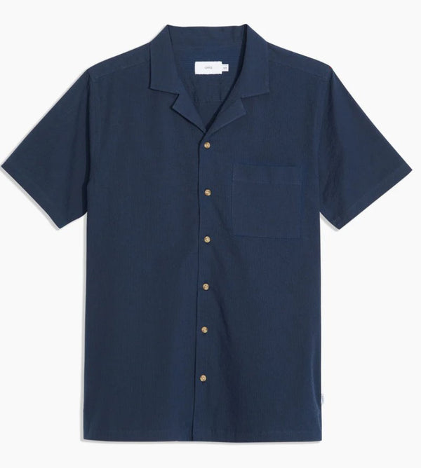 Onia Navy Seersucker Camp Collar Short Sleeve Shirt