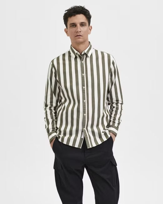 Selected Homme Dark Olive & White Vertical Stripe Long Sleeve Button Up Shirt