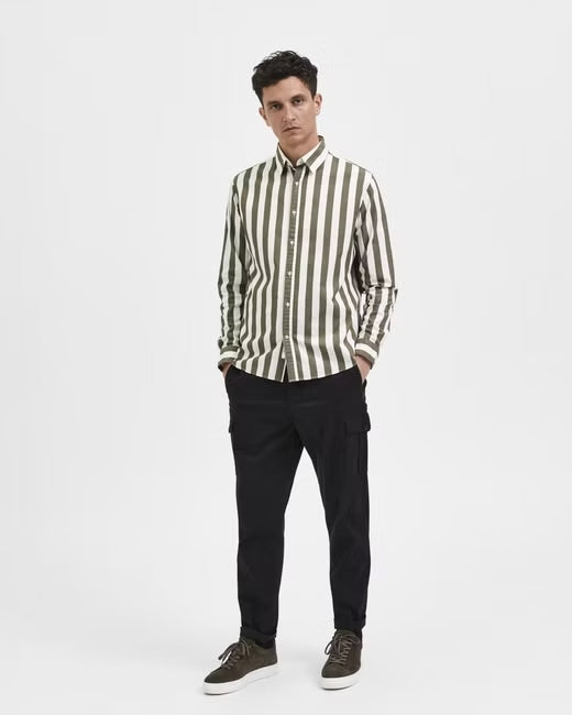 Wholesale,Selected Homme, Selected Homme Dark Olive & White Vertical Stripe Long Sleeve Button Up Shirt, Green, Large-46-TagL