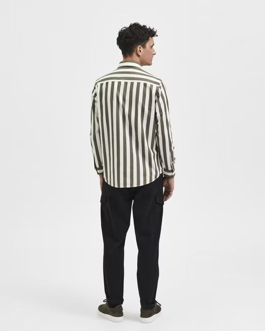 Wholesale,Selected Homme, Selected Homme Dark Olive & White Vertical Stripe Long Sleeve Button Up Shirt, Green, Large-46-TagL