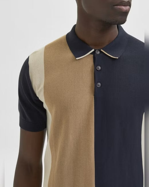 Selected Homme Navy And Beige Colorblock Knit Button Up Short Sleeve Polo