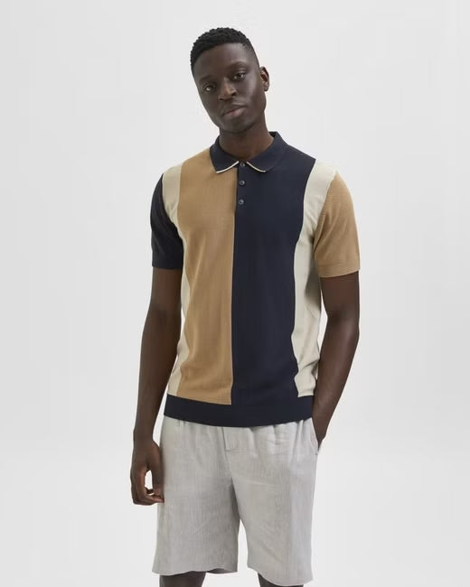 Selected Homme Navy And Beige Colorblock Knit Button Up Short Sleeve Polo